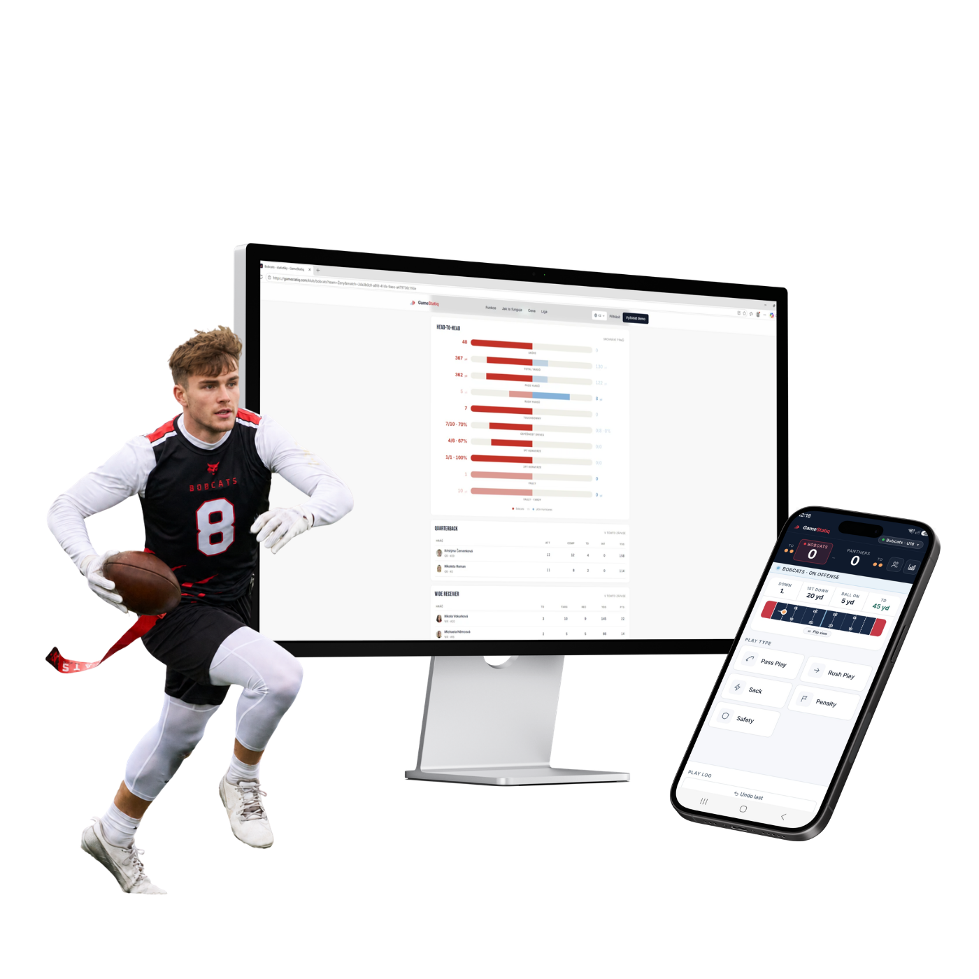 GameStatiq — flag football stats platforma: Bobcats hráč v akci, scorer PWA a veřejná stránka klubu